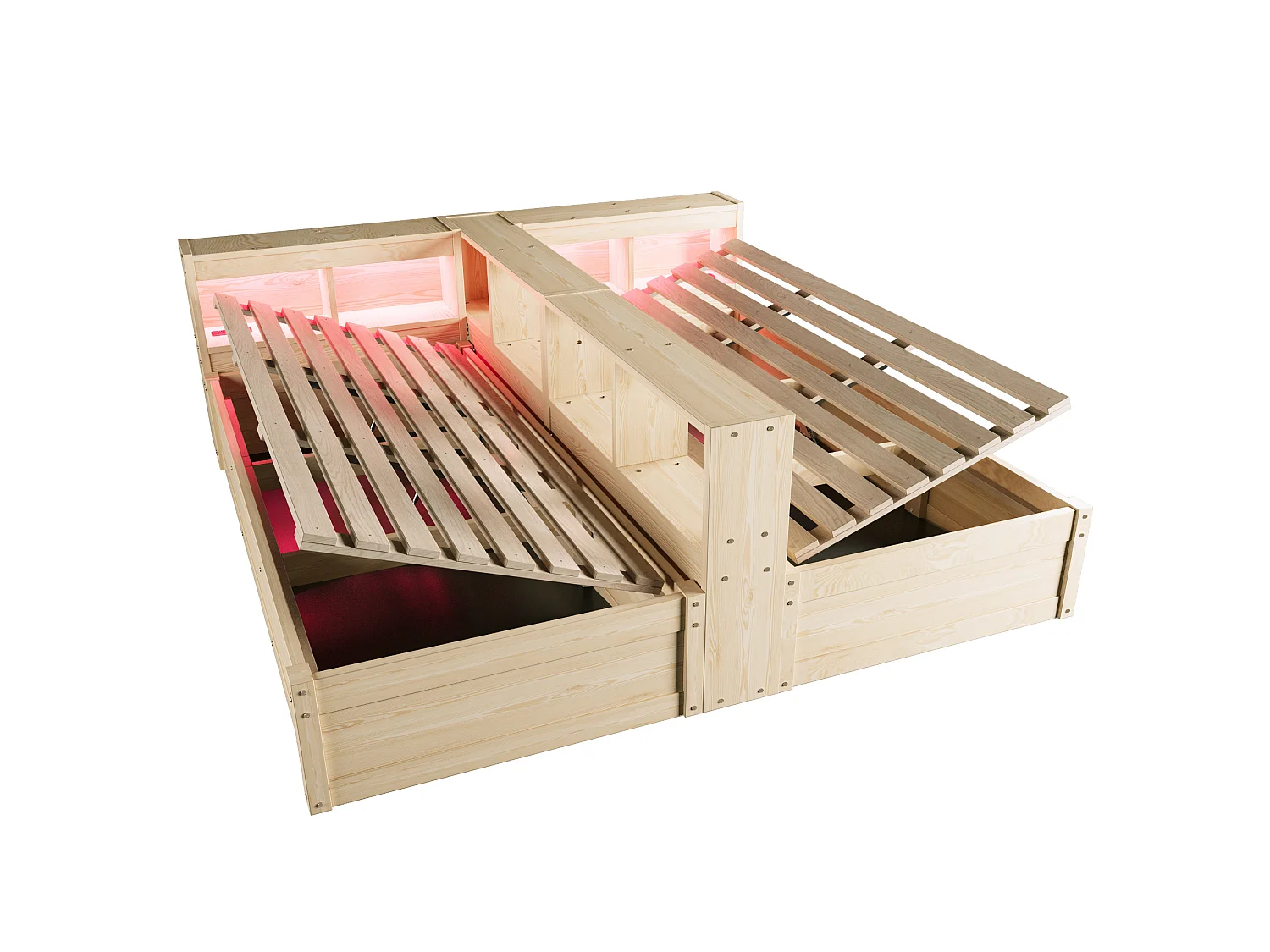 Lit coffre enfant 90/180x200 cm avec LED, prises intégrées et rangements - Bois en MDF - Naturel clair