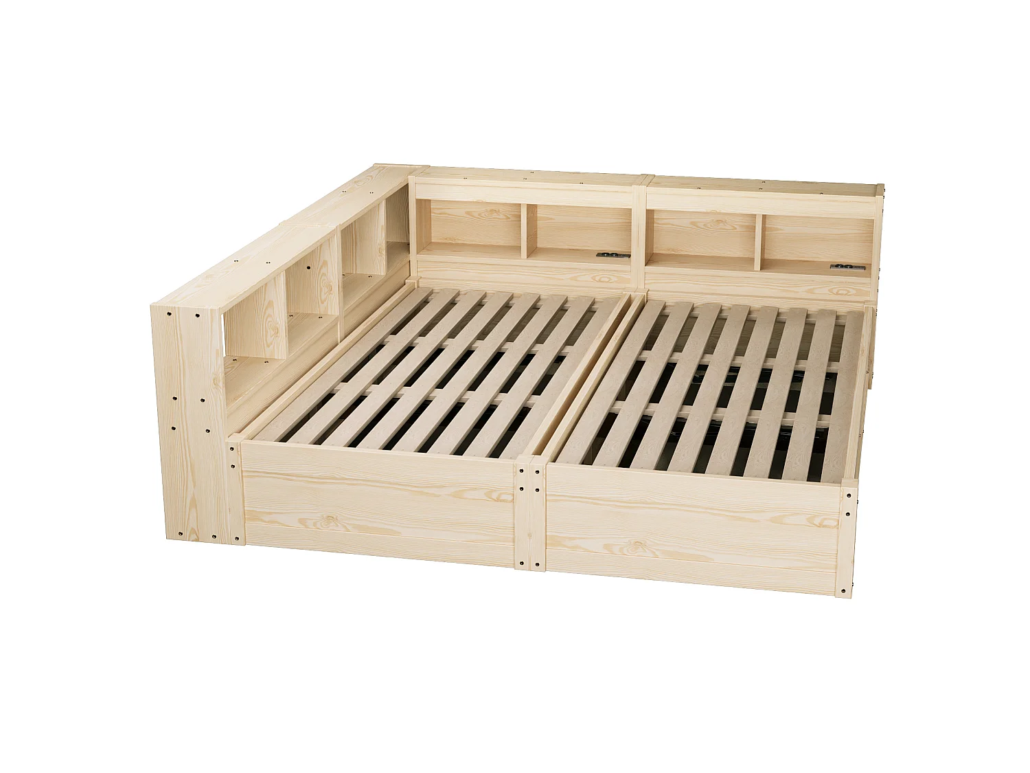 Lit coffre enfant 90/180x200 cm avec LED, prises intégrées et rangements - Bois en MDF - Naturel clair