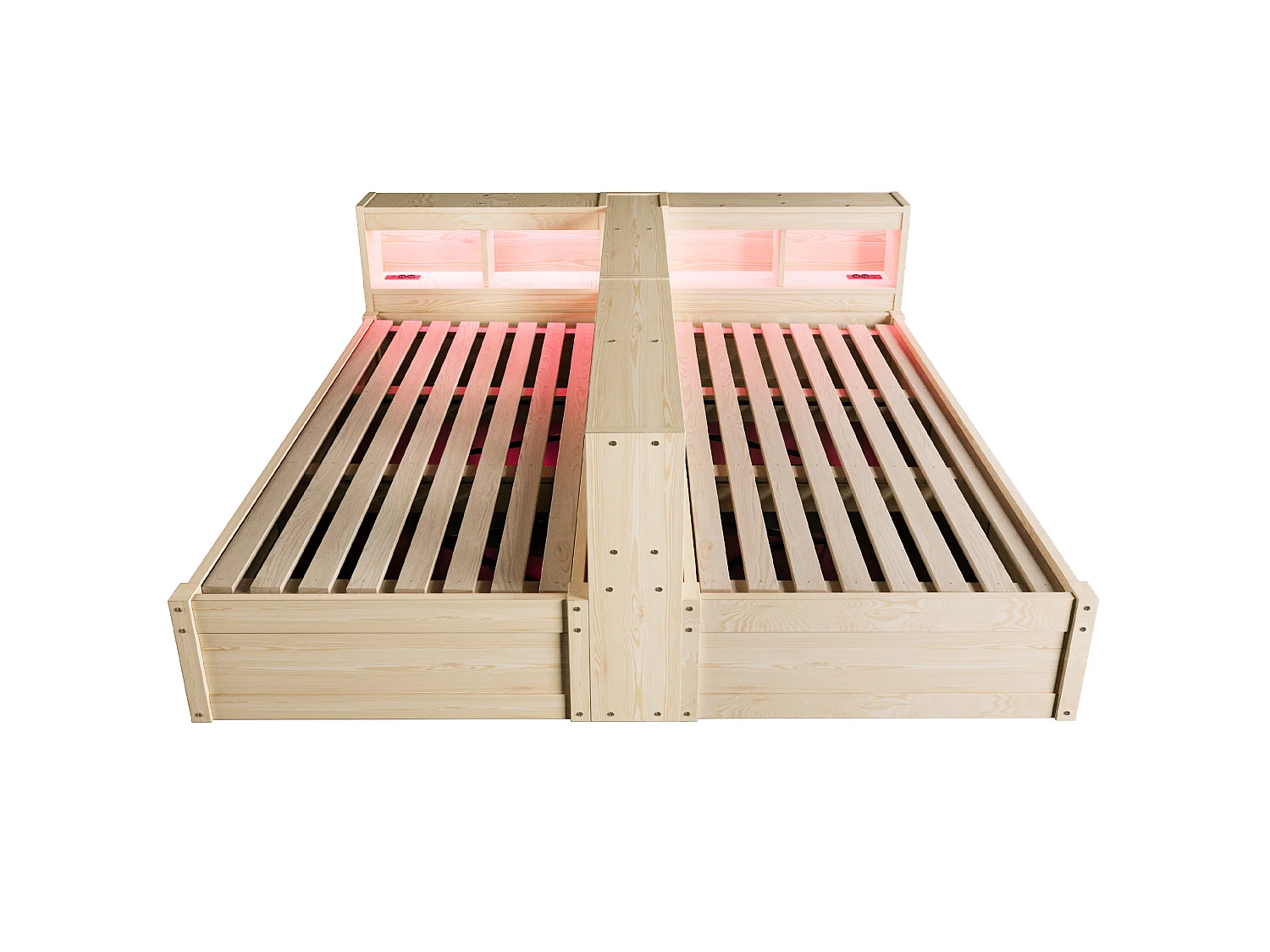 Lit coffre enfant 90/180x200 cm avec LED, prises intégrées et rangements - Bois en MDF - Naturel clair