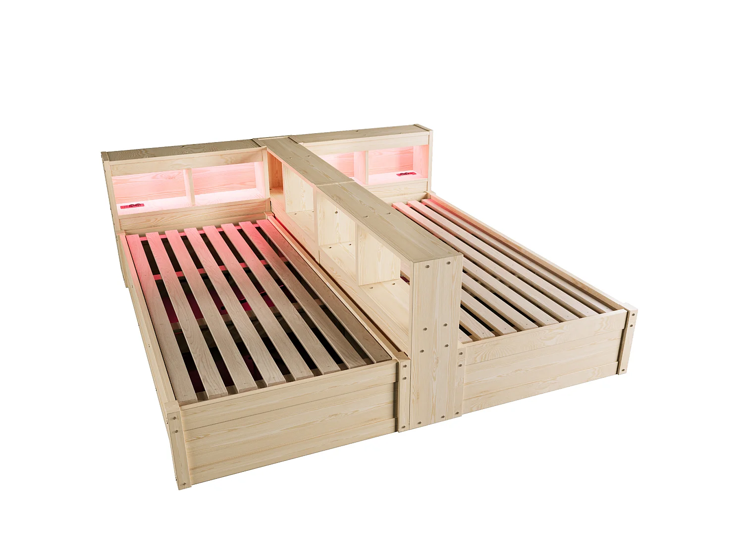 Lit coffre enfant 90/180x200 cm avec LED, prises intégrées et rangements - Bois en MDF - Naturel clair