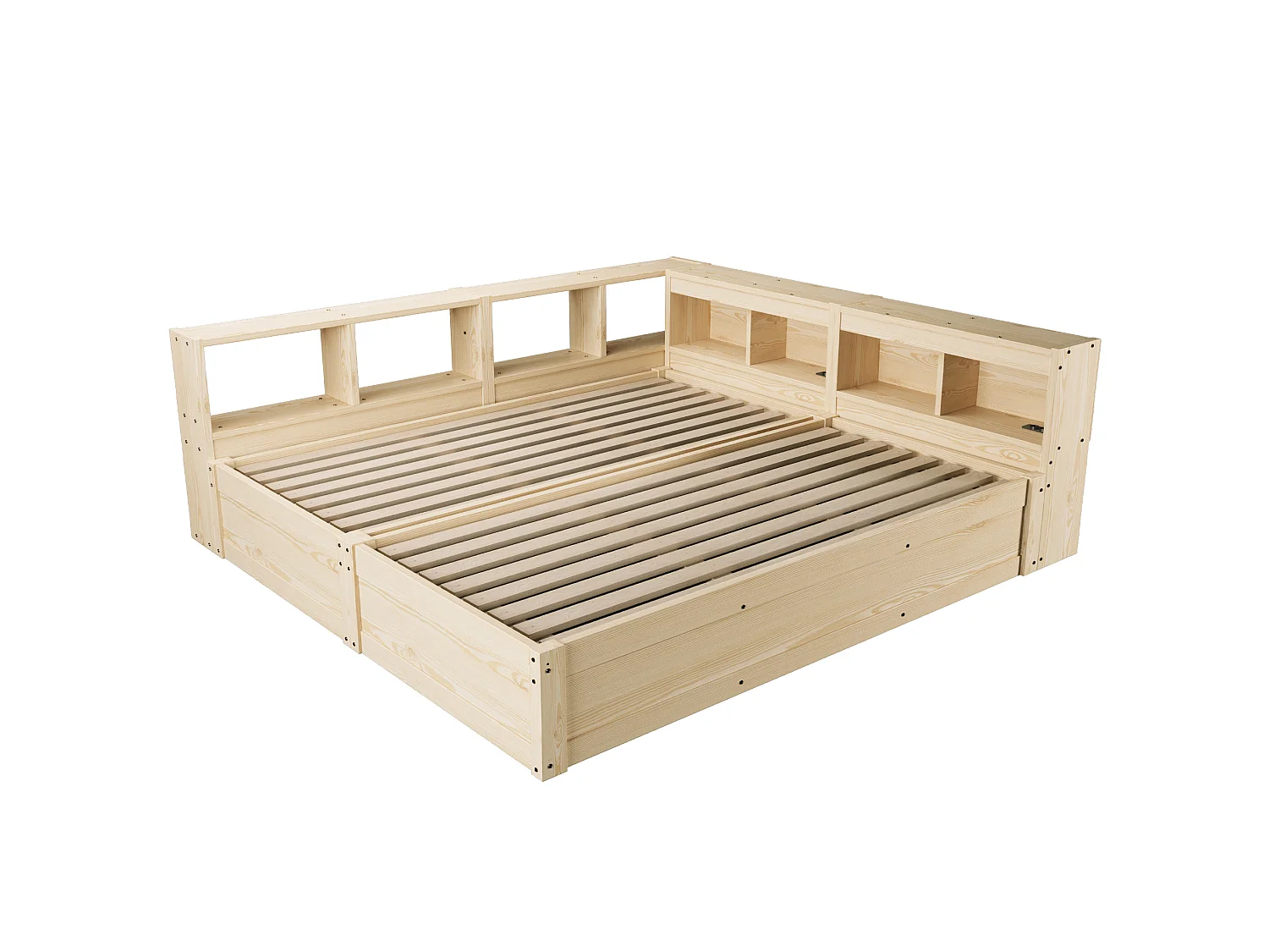 Lit coffre enfant 90/180x200 cm avec LED, prises intégrées et rangements - Bois en MDF - Naturel clair