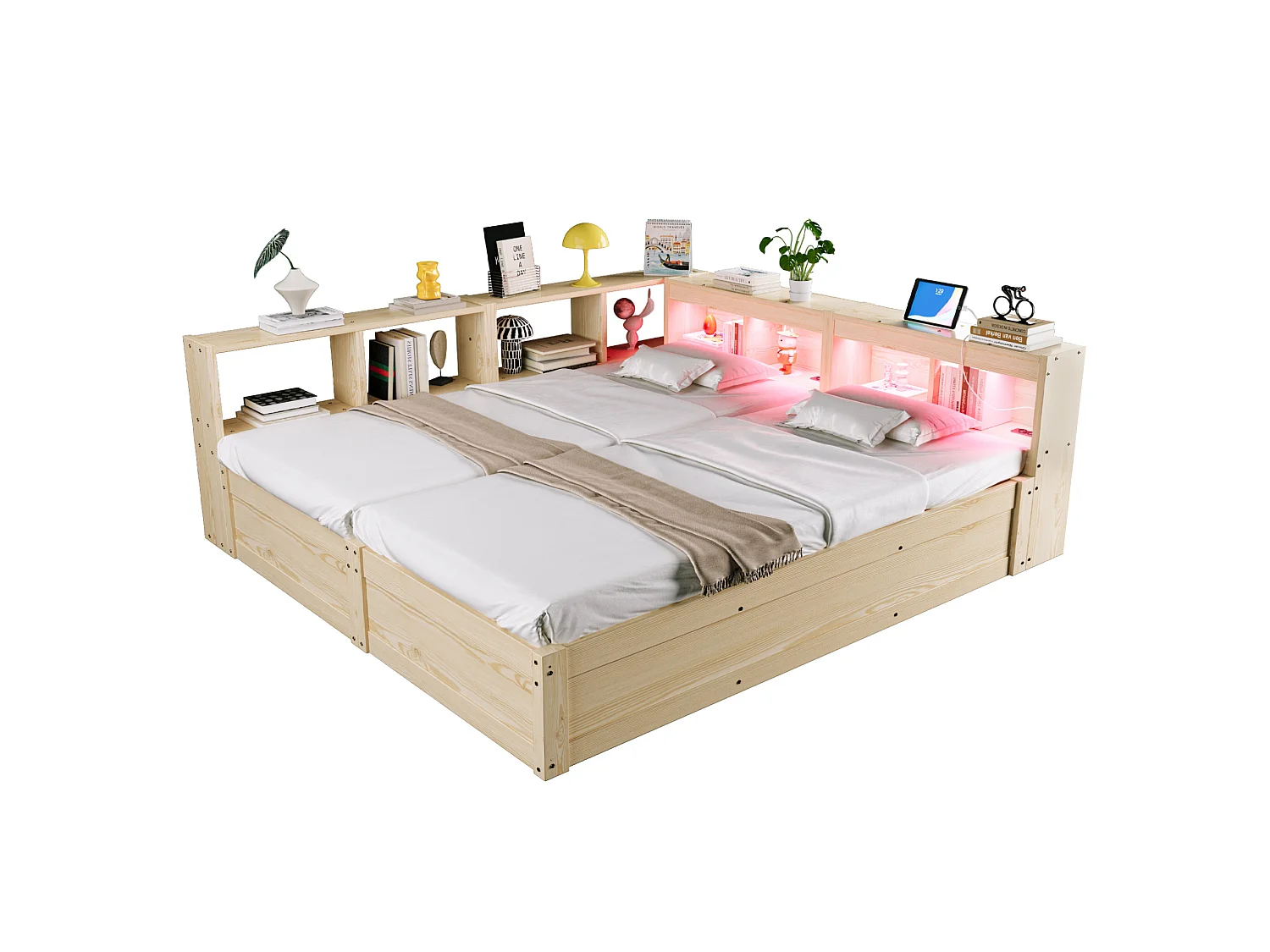 Lit coffre enfant 90/180x200 cm avec LED, prises intégrées et rangements - Bois en MDF - Naturel clair
