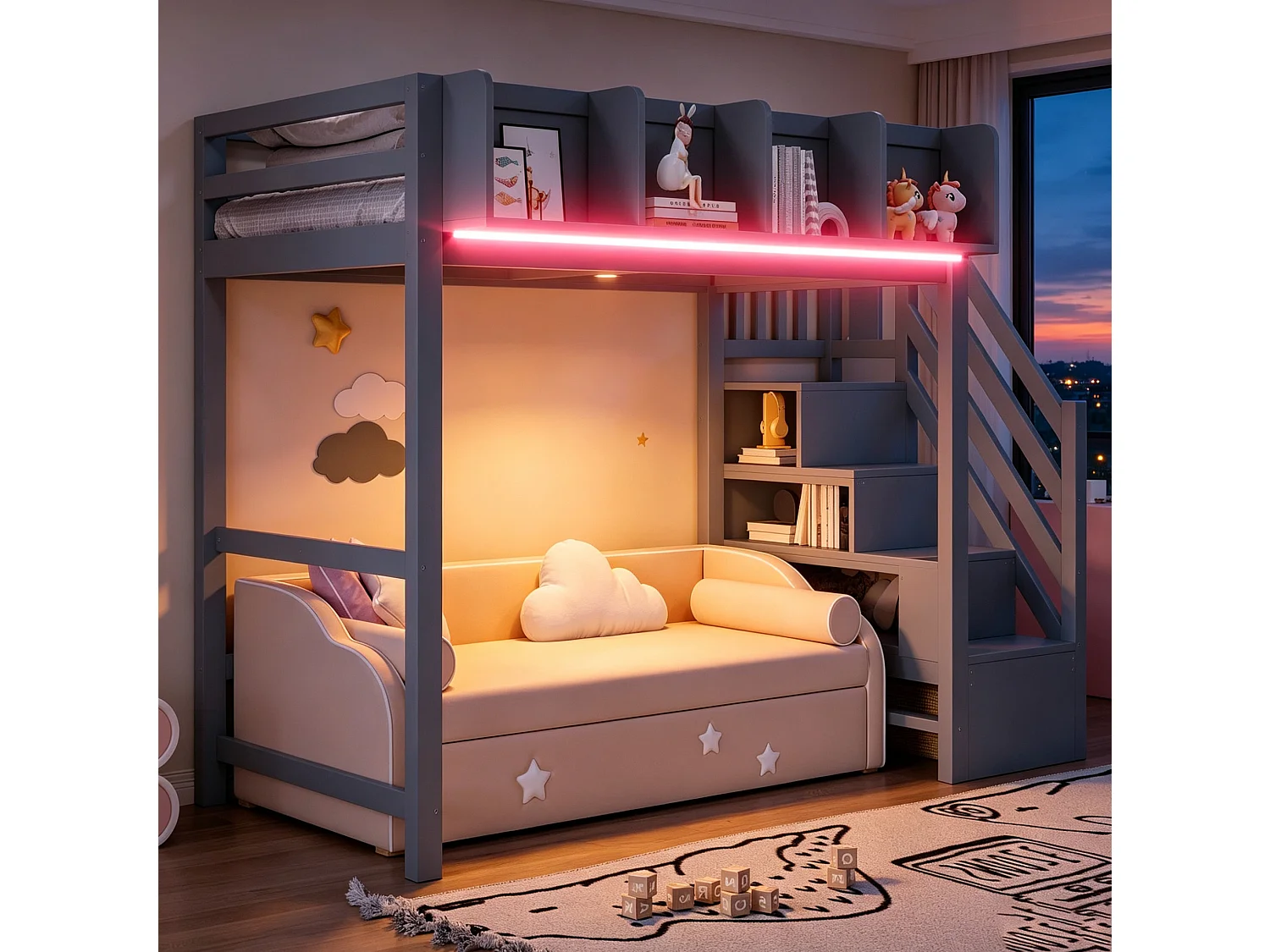 Lit mezzanine 90x200 cm avec LED, étagères et escalier de rangement - Gris
