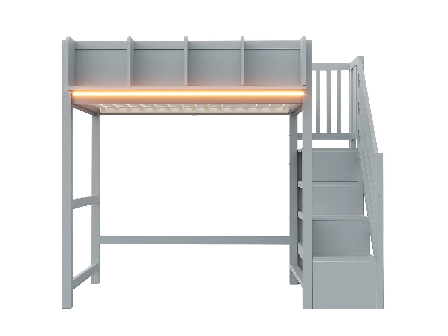 Lit mezzanine 90x200 cm avec LED, étagères et escalier de rangement - Gris