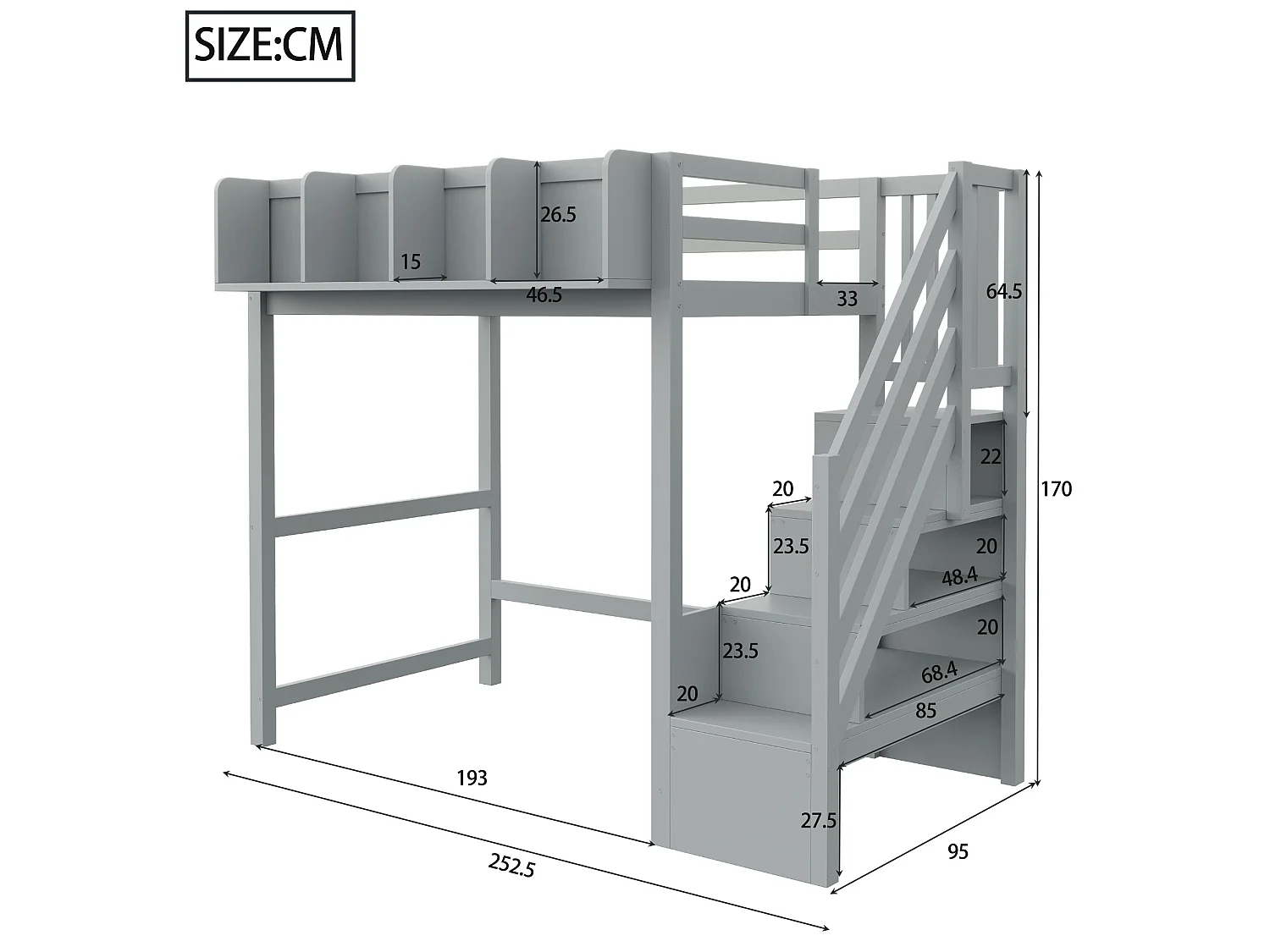 Lit mezzanine 90x200 cm avec LED, étagères et escalier de rangement - Gris
