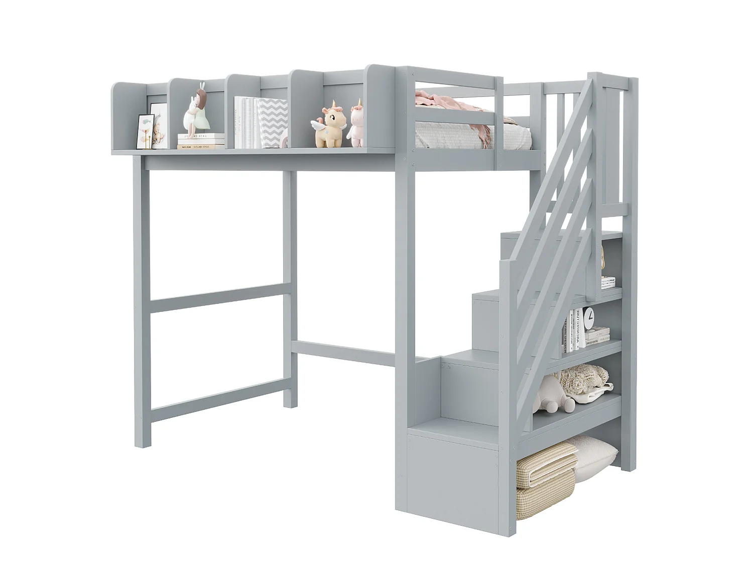 Lit mezzanine 90x200 cm avec LED, étagères et escalier de rangement - Gris