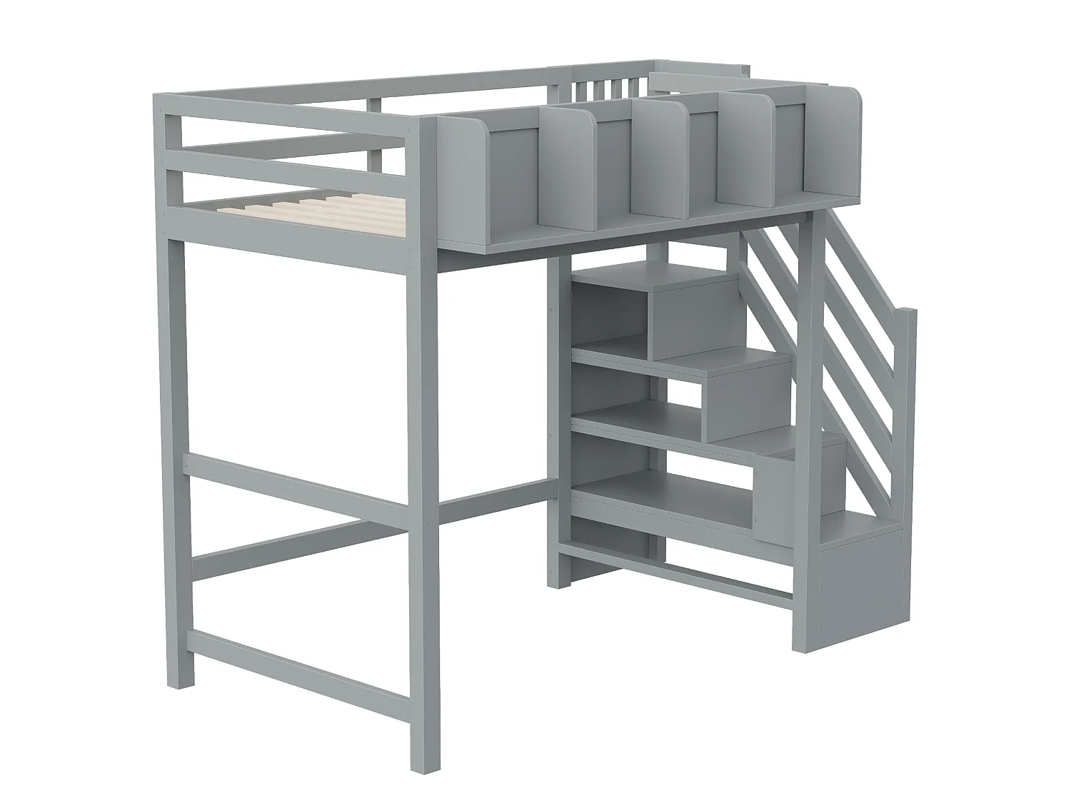 Lit mezzanine 90x200 cm avec LED, étagères et escalier de rangement - Gris