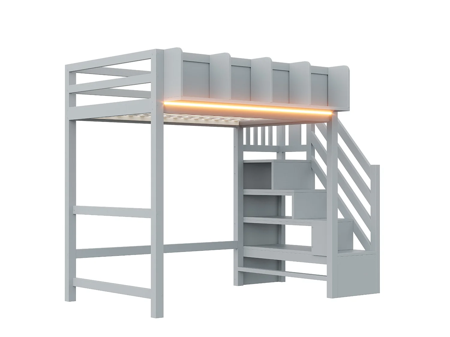 Lit mezzanine 90x200 cm avec LED, étagères et escalier de rangement - Gris