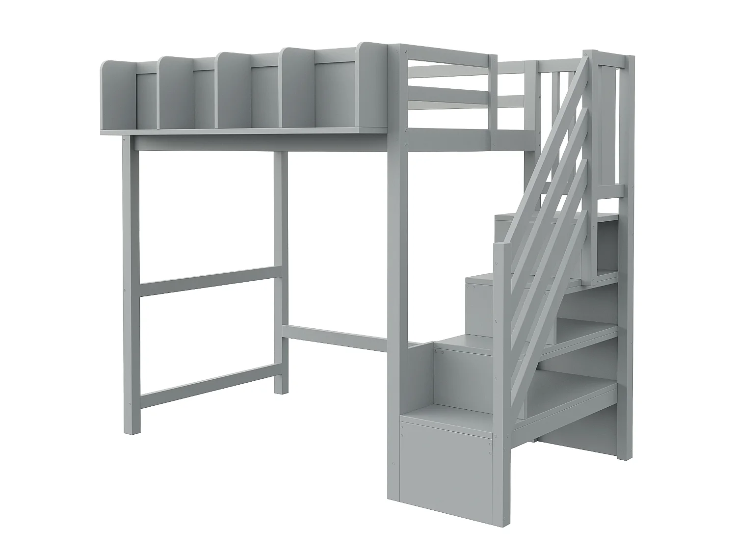 Lit mezzanine 90x200 cm avec LED, étagères et escalier de rangement - Gris