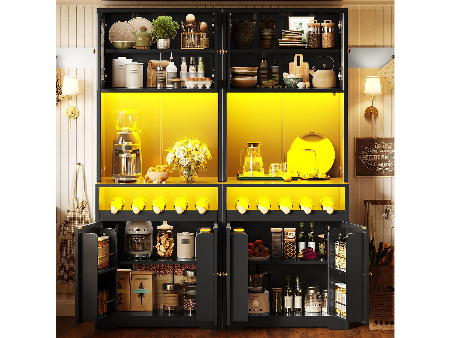 Lot de 2 Buffets Hauts de Cuisine 180cm - Vitrines avec Portes Arquées, Éclairage LED RGB Connecté, Casier à Vin, Sécurité Anti-Basculement - Noir