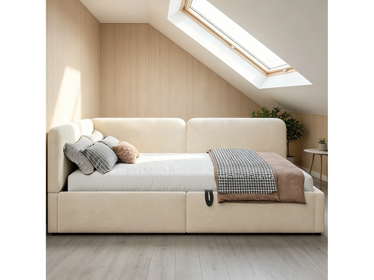 Lit coffre 140x200 cm en velours beige - Lit banquette pour enfant et adulte