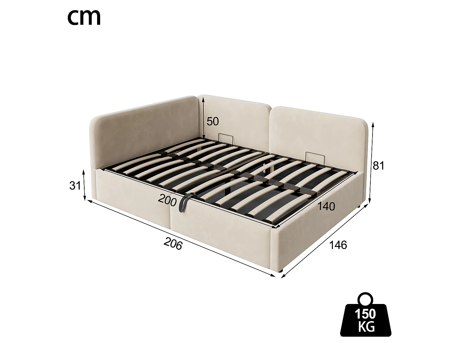 Lit coffre 140x200 cm en velours beige - Lit banquette pour enfant et adulte