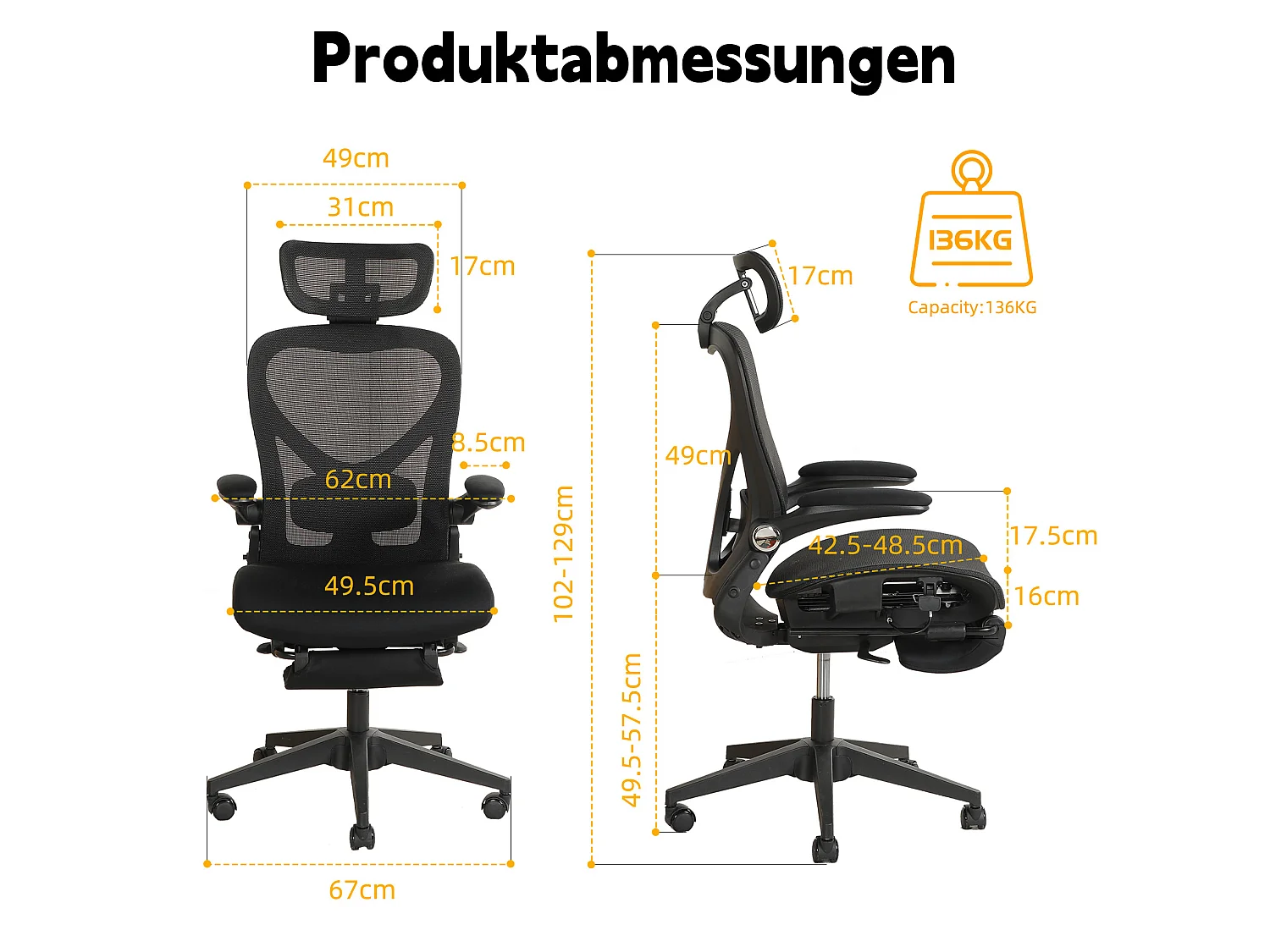 Chaise de bureau ergonomique pliante en maille noir - Avec dossier réglable