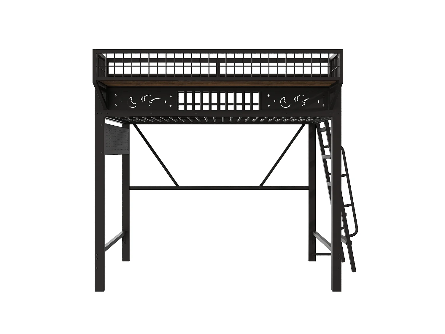 Hochbett 90 x 200 cm - Metallgestell - Mit Staufächern - Offener unterer Bereich - Schwarz (Matratze nicht enthalten)