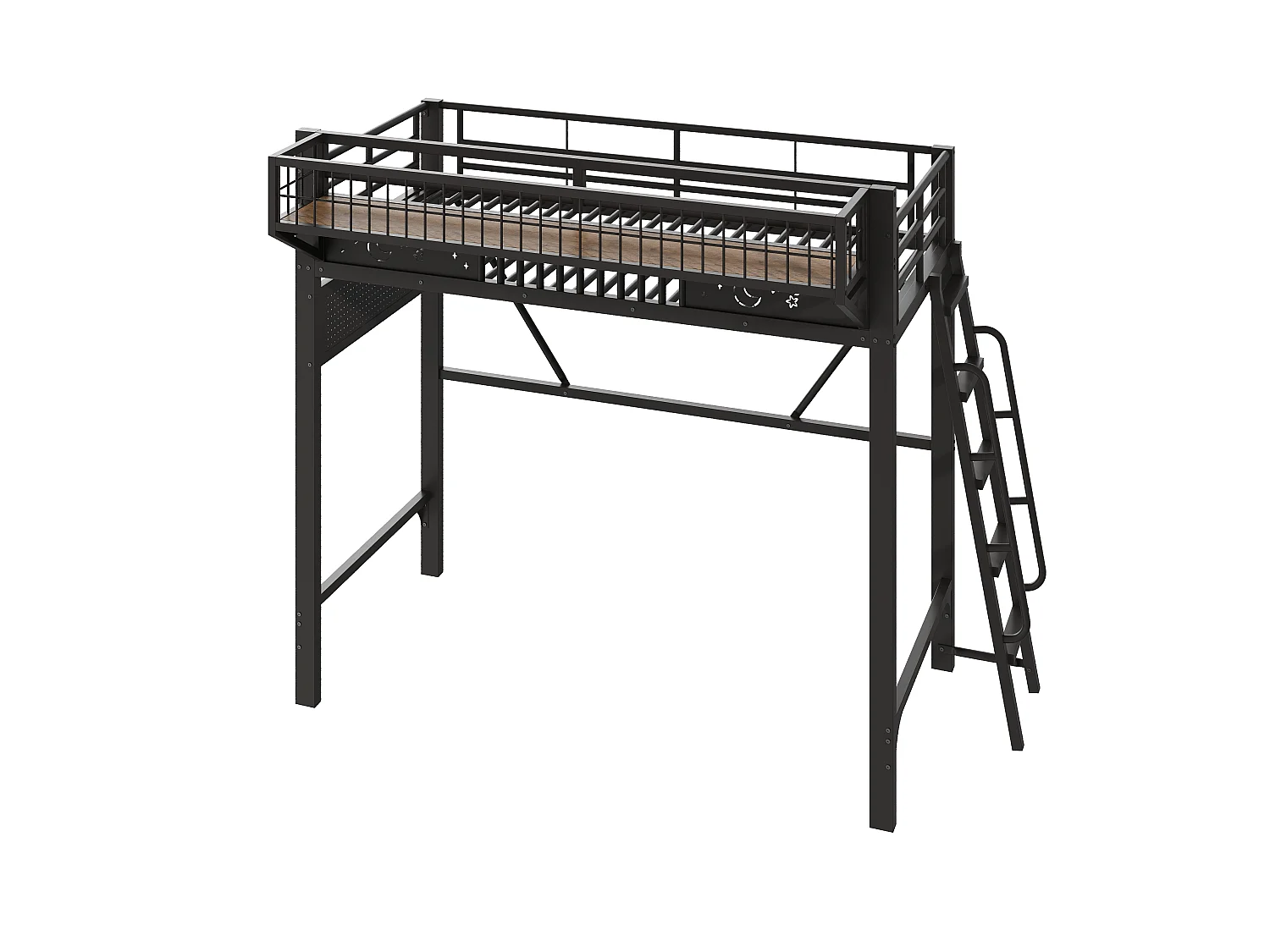 Hochbett 90 x 200 cm - Metallgestell - Mit Staufächern - Offener unterer Bereich - Schwarz (Matratze nicht enthalten)