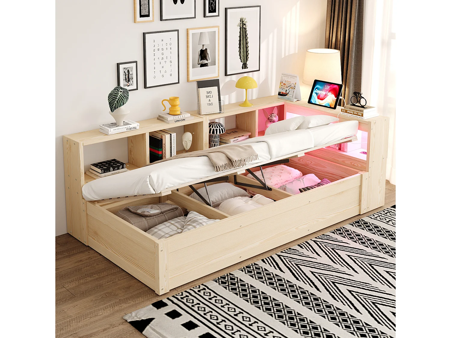 Lit coffre enfant 90x200 cm avec LED, prise et rangements - Naturel clair