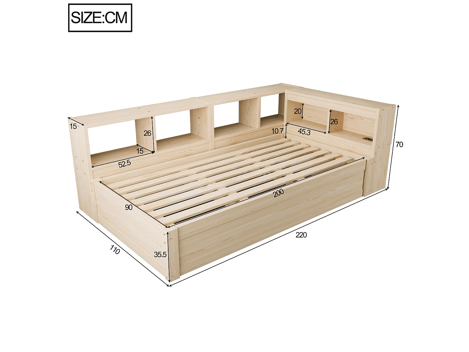 Lit coffre enfant 90x200 cm avec LED, prise et rangements - Naturel clair