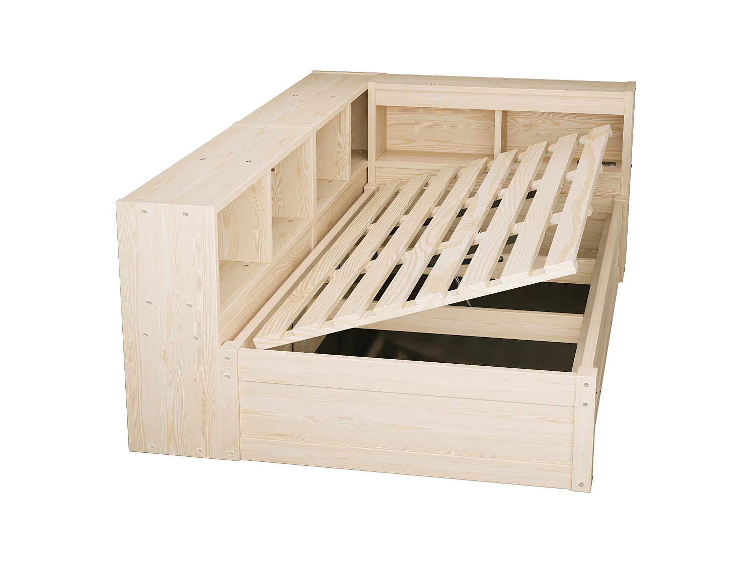 Lit coffre enfant 90x200 cm avec LED, prise et rangements - Naturel clair