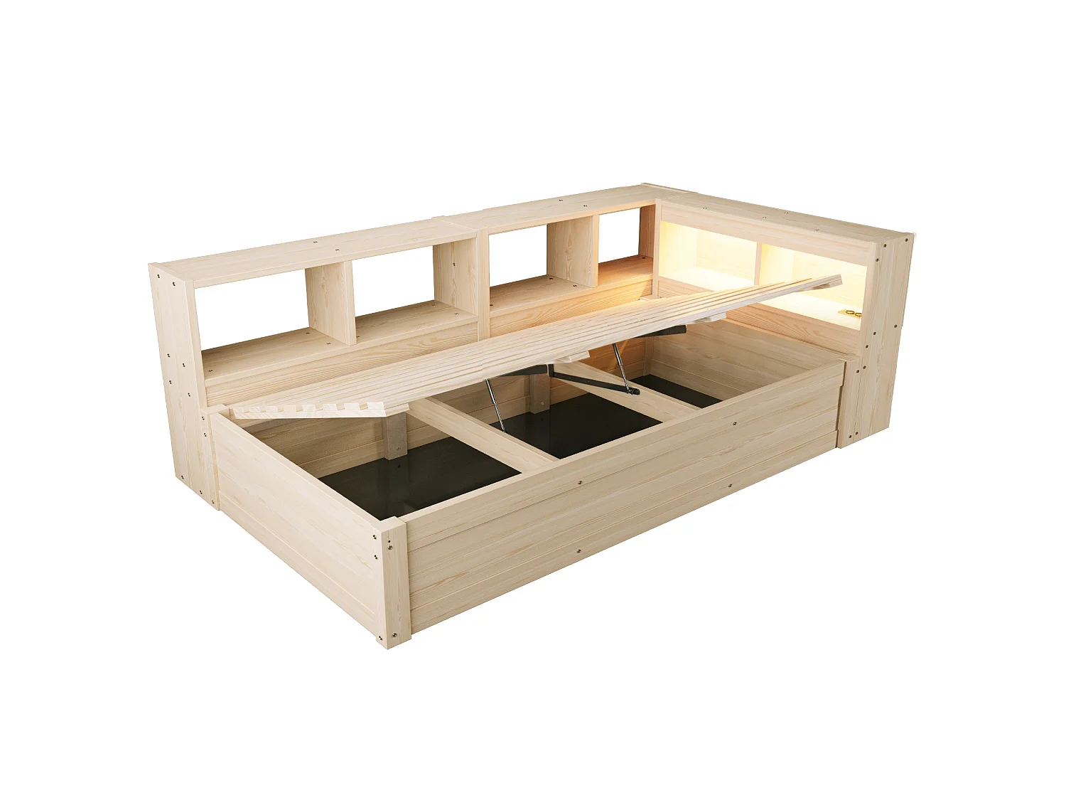 Lit coffre enfant 90x200 cm avec LED, prise et rangements - Naturel clair