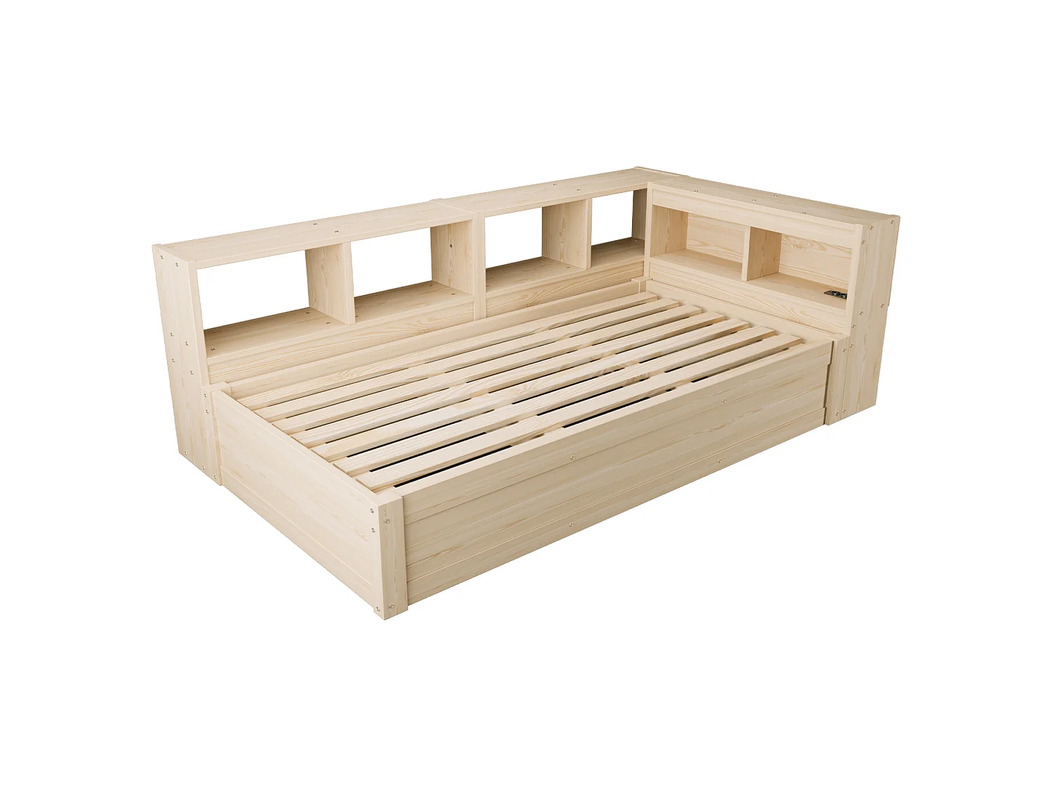Lit coffre enfant 90x200 cm avec LED, prise et rangements - Naturel clair
