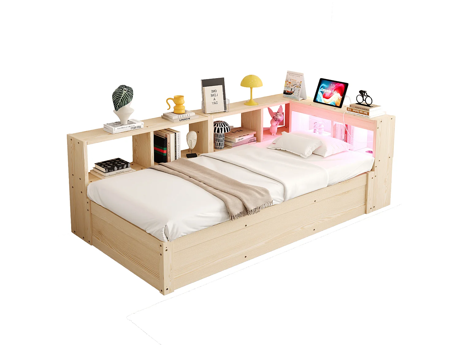 Lit coffre enfant 90x200 cm avec LED, prise et rangements - Naturel clair