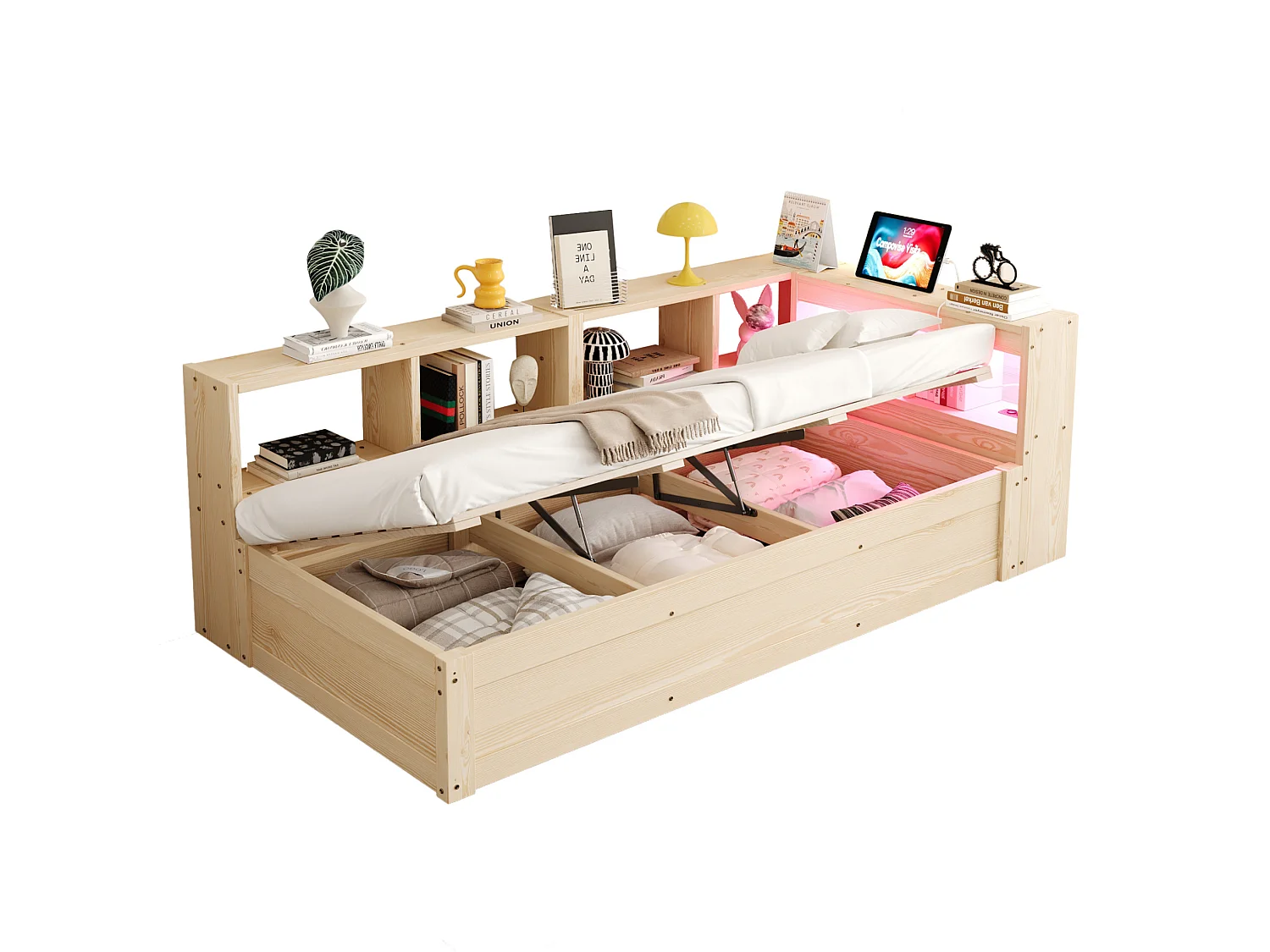 Lit coffre enfant 90x200 cm avec LED, prise et rangements - Naturel clair