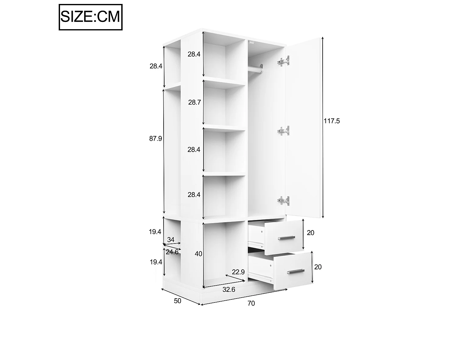Szafa jednodrzwiowa, 70 × 50 × 170 cm - z półkami - z dwoma oddzielnymi drążkami na ubrania - z 2 szufladami - biała
