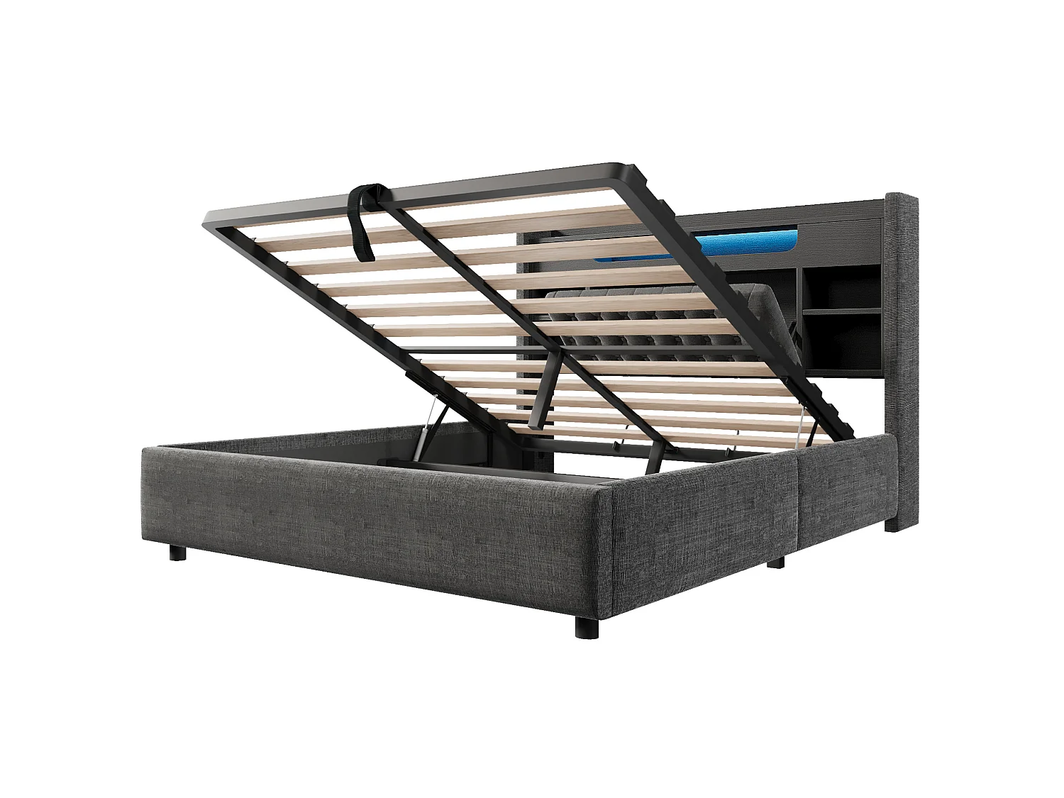 Volwassenenbed 140x190 cm met hydraulische opbergruimte, USB/Type-C en LED - Grijs linnen