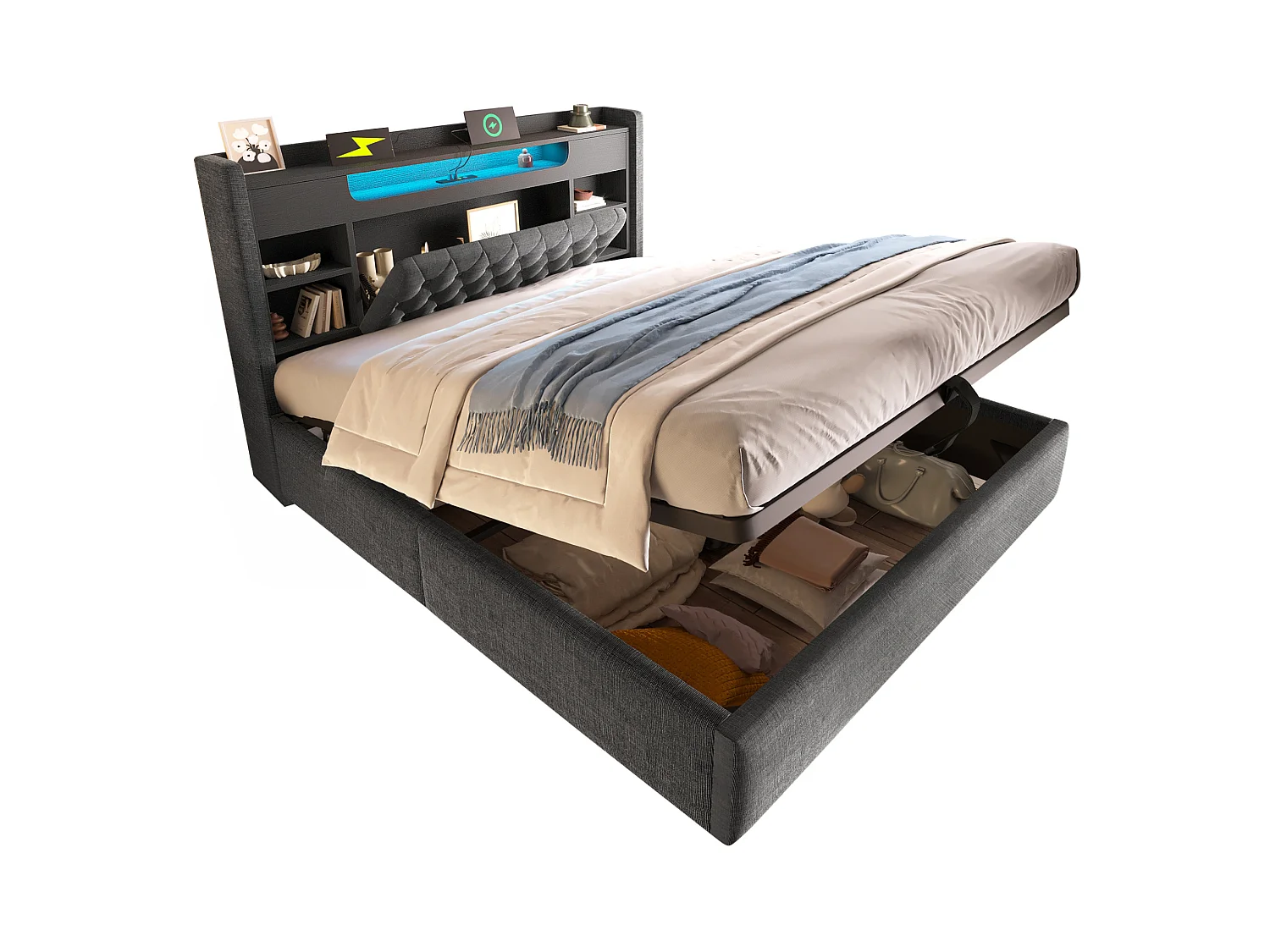 Volwassenenbed 140x190 cm met hydraulische opbergruimte, USB/Type-C en LED - Grijs linnen