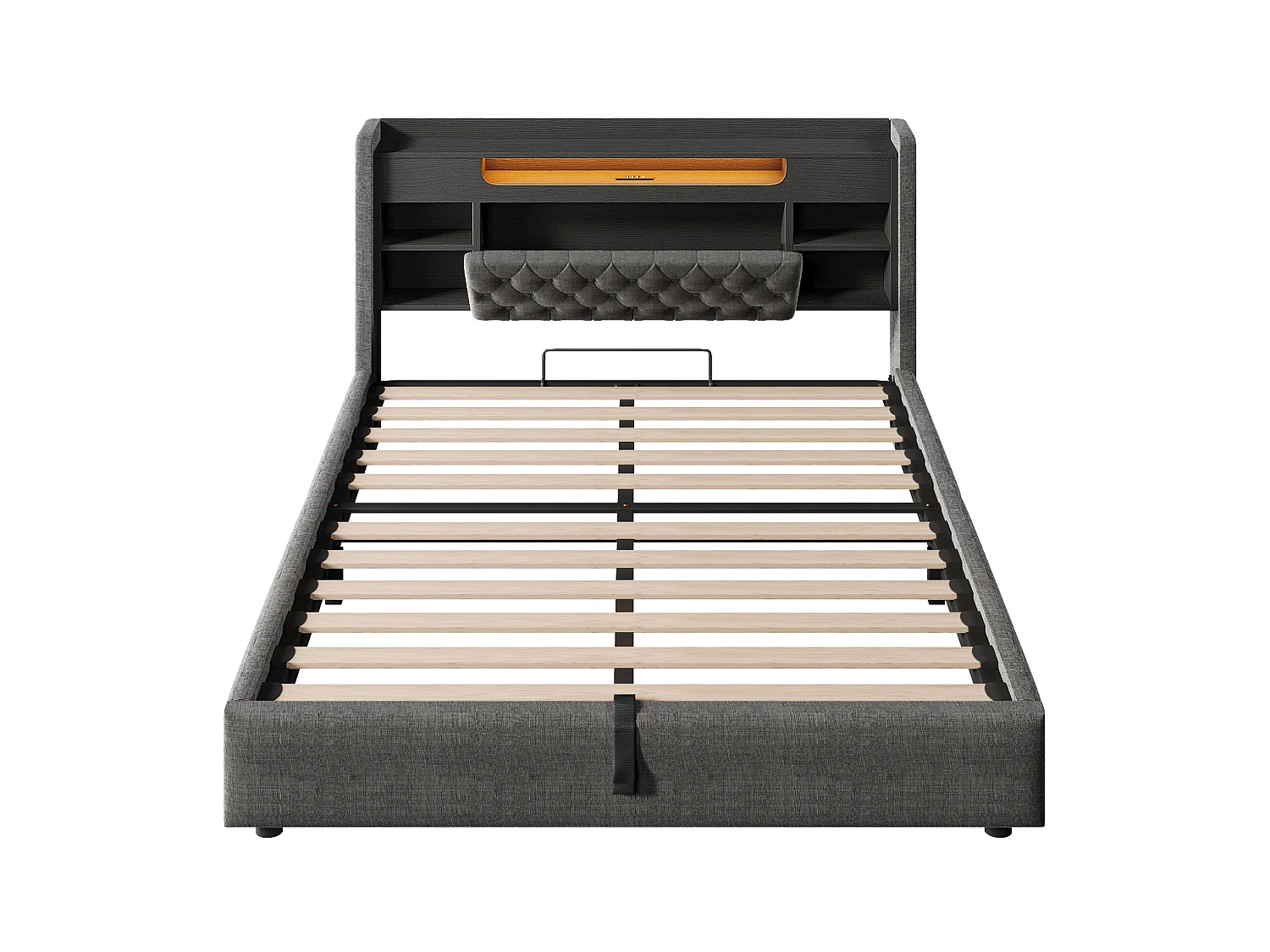 Volwassenenbed 140x190 cm met hydraulische opbergruimte, USB/Type-C en LED - Grijs linnen