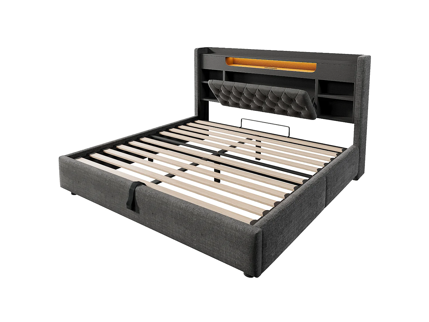 Volwassenenbed 140x190 cm met hydraulische opbergruimte, USB/Type-C en LED - Grijs linnen