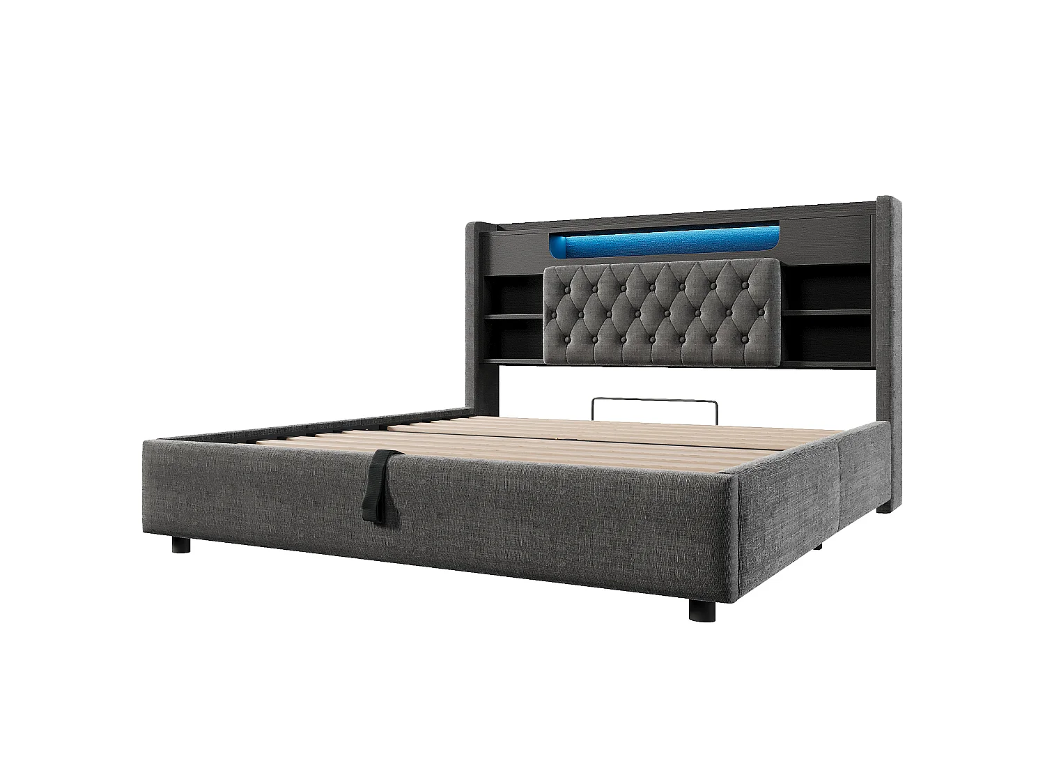 Volwassenenbed 140x190 cm met hydraulische opbergruimte, USB/Type-C en LED - Grijs linnen