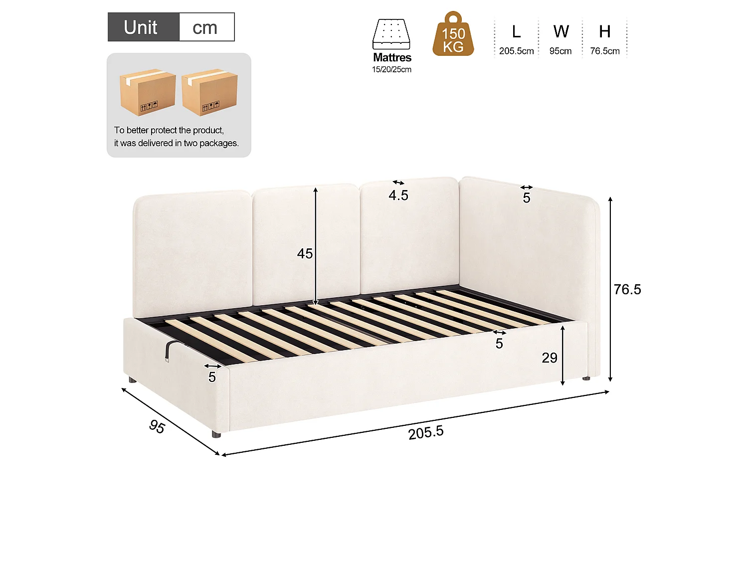 Lit coffre enfant 90x200 cm en velours - Lit banquette réversible gauche/droite beige