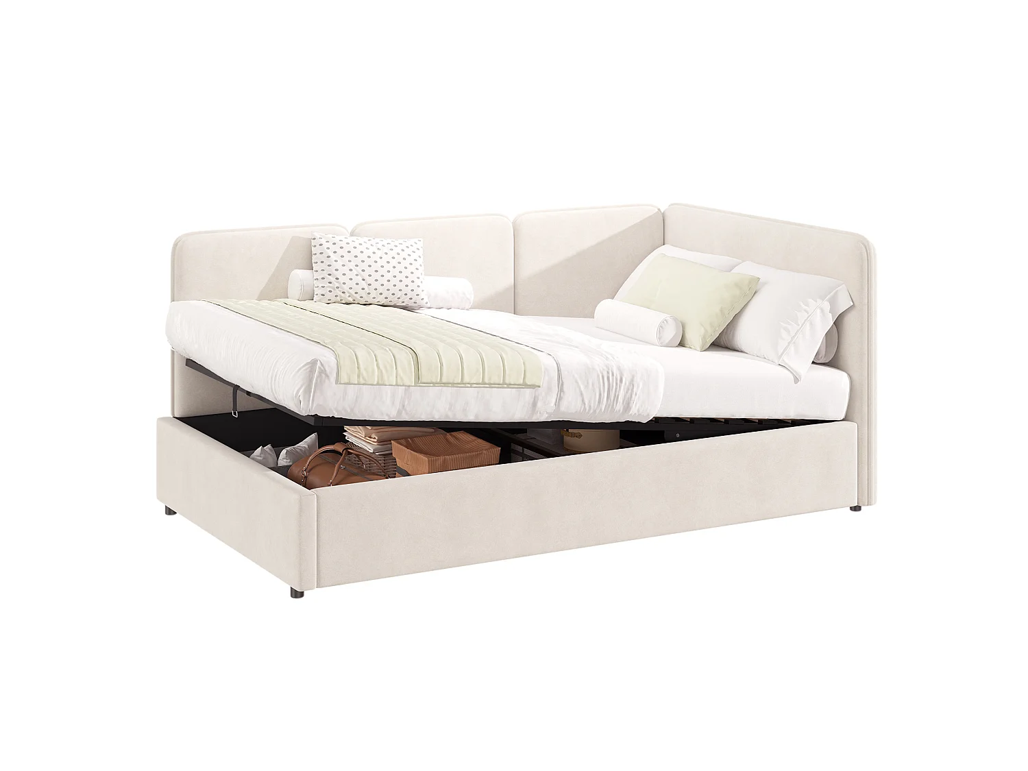 Lit coffre enfant 90x200 cm en velours - Lit banquette réversible gauche/droite beige