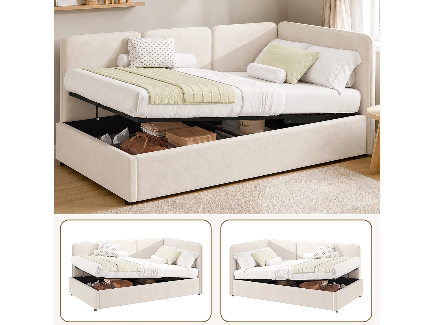 Lit coffre enfant 90x200 cm en velours - Lit banquette réversible gauche/droite beige