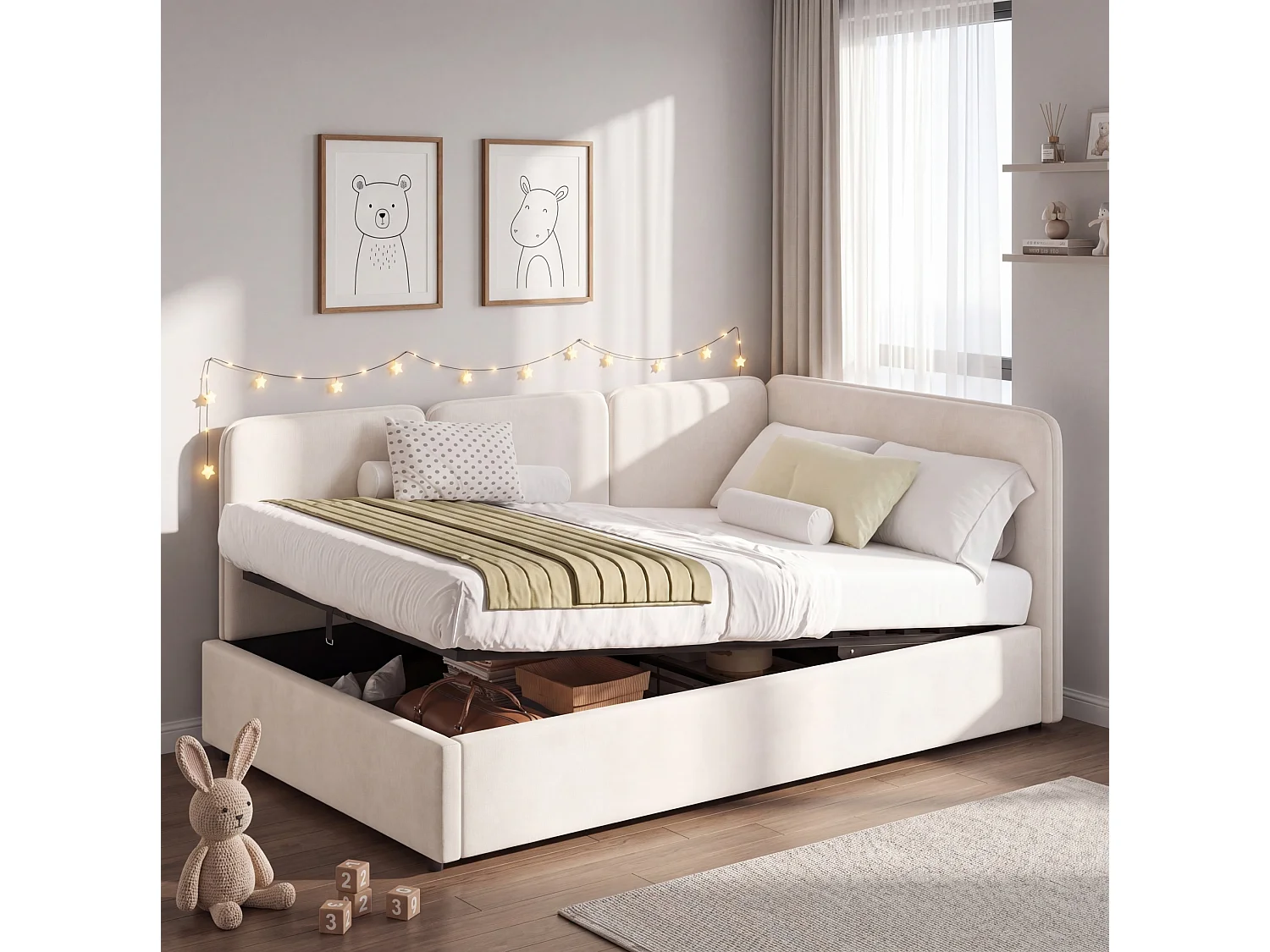 Lit coffre enfant 90x200 cm en velours - Lit banquette réversible gauche/droite beige