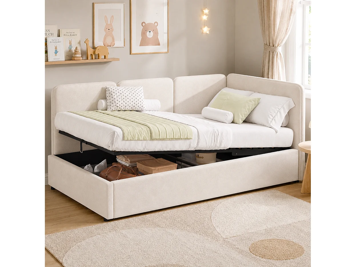 Lit coffre enfant 90x200 cm en velours - Lit banquette réversible gauche/droite beige