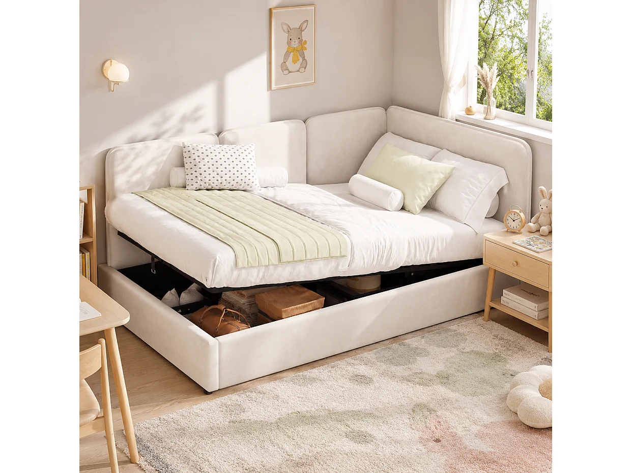 Lit coffre enfant 90x200 cm en velours - Lit banquette réversible gauche/droite beige