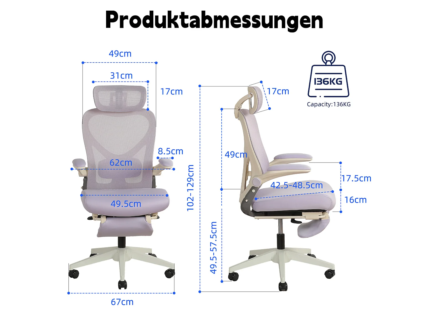 Chaise de bureau pliable avec appui-tête 3D et dossier réglable - Violet