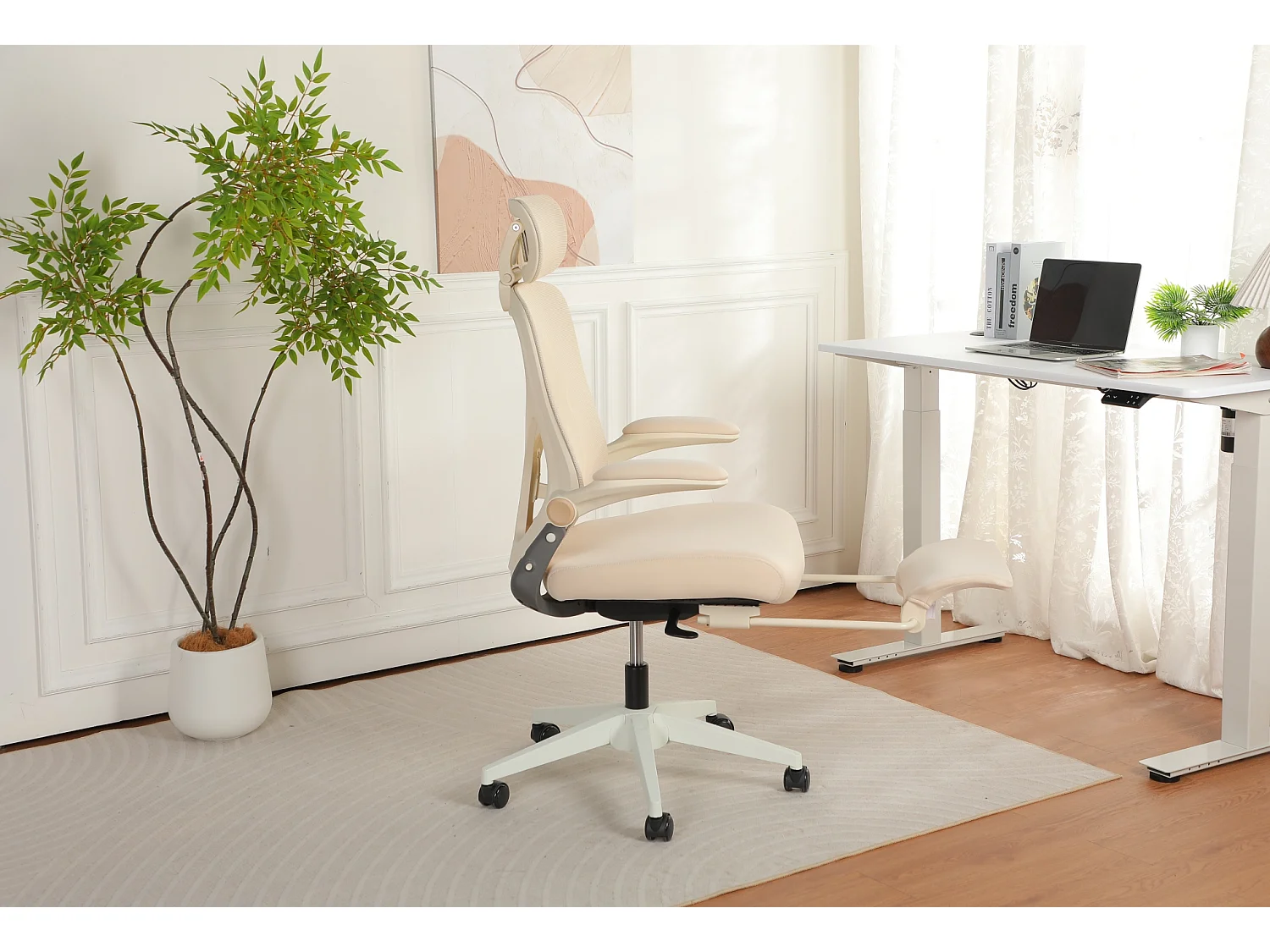 Chaise de bureau pliable avec appui-tête 3D et dossier réglable - Crème