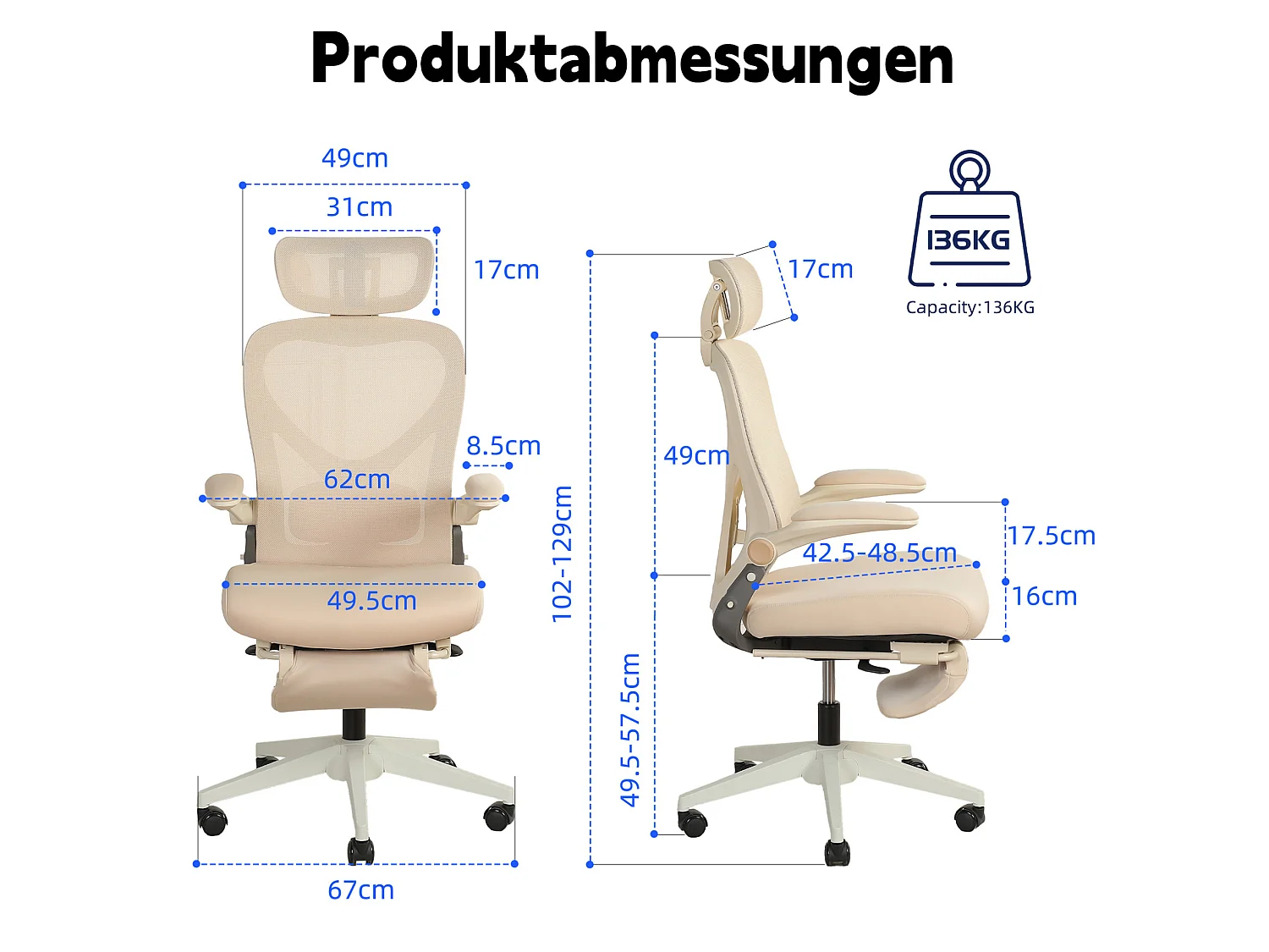 Chaise de bureau pliable avec appui-tête 3D et dossier réglable - Crème