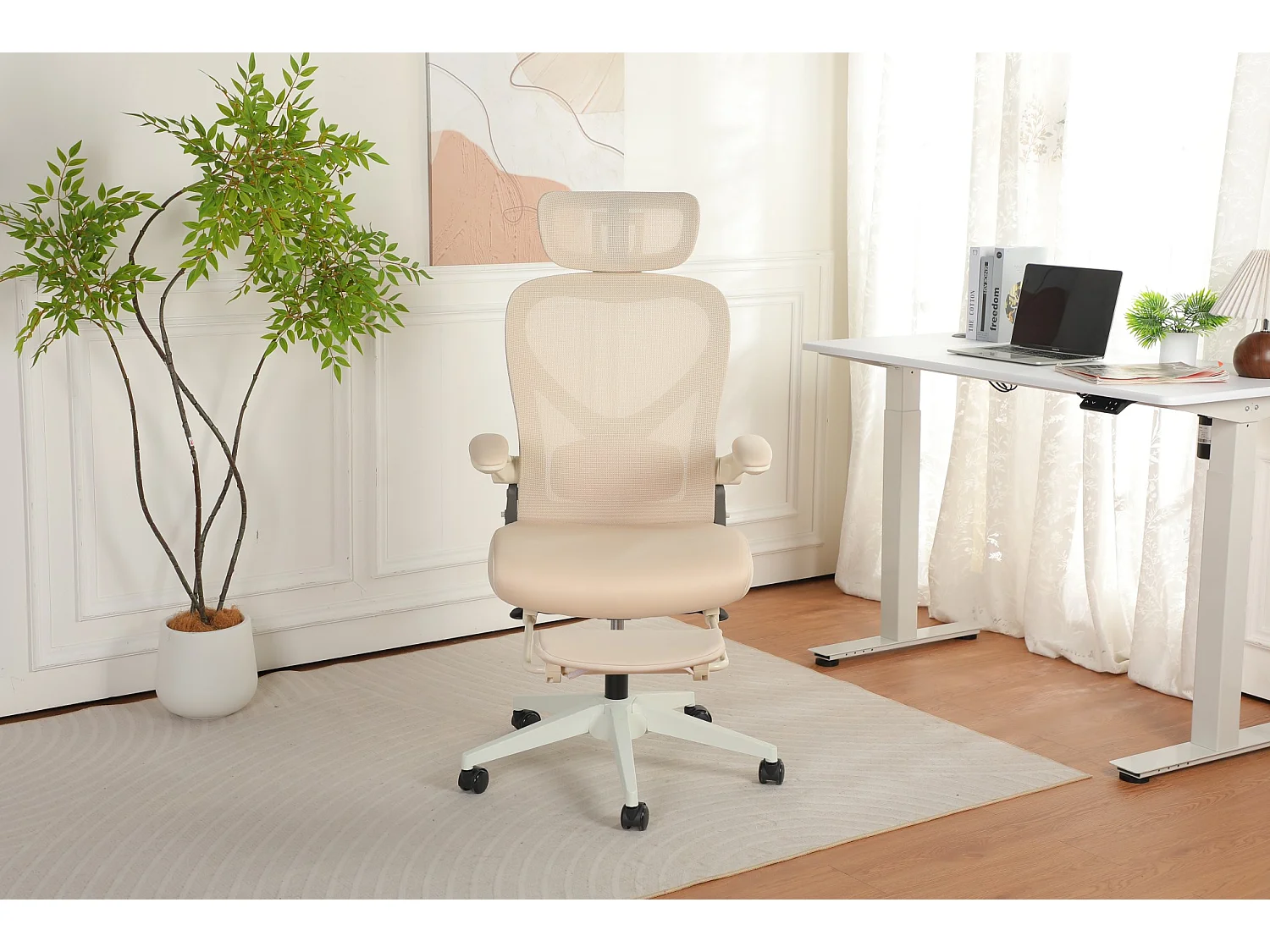 Chaise de bureau pliable avec appui-tête 3D et dossier réglable - Crème