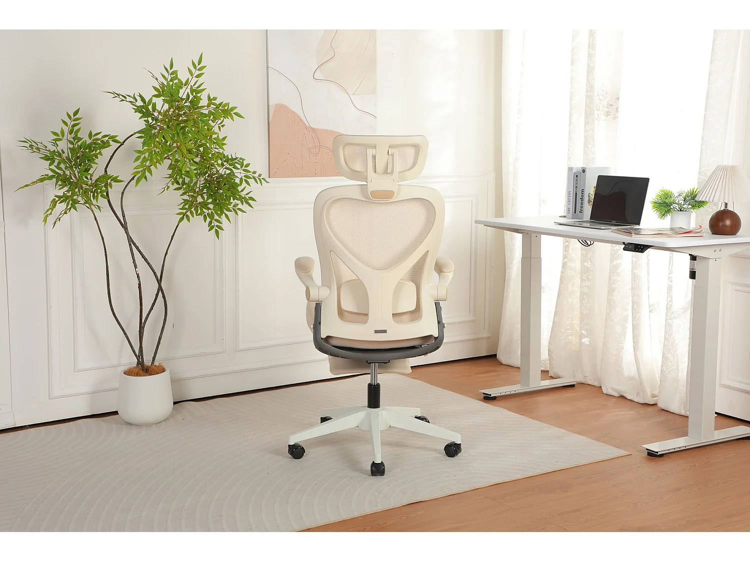 Chaise de bureau pliable avec appui-tête 3D et dossier réglable - Crème