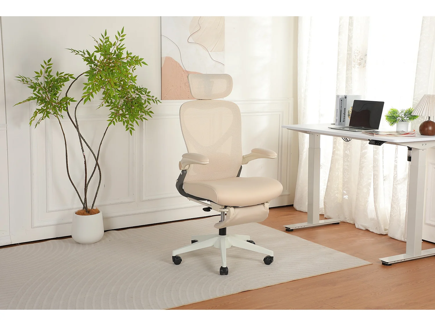 Chaise de bureau pliable avec appui-tête 3D et dossier réglable - Crème