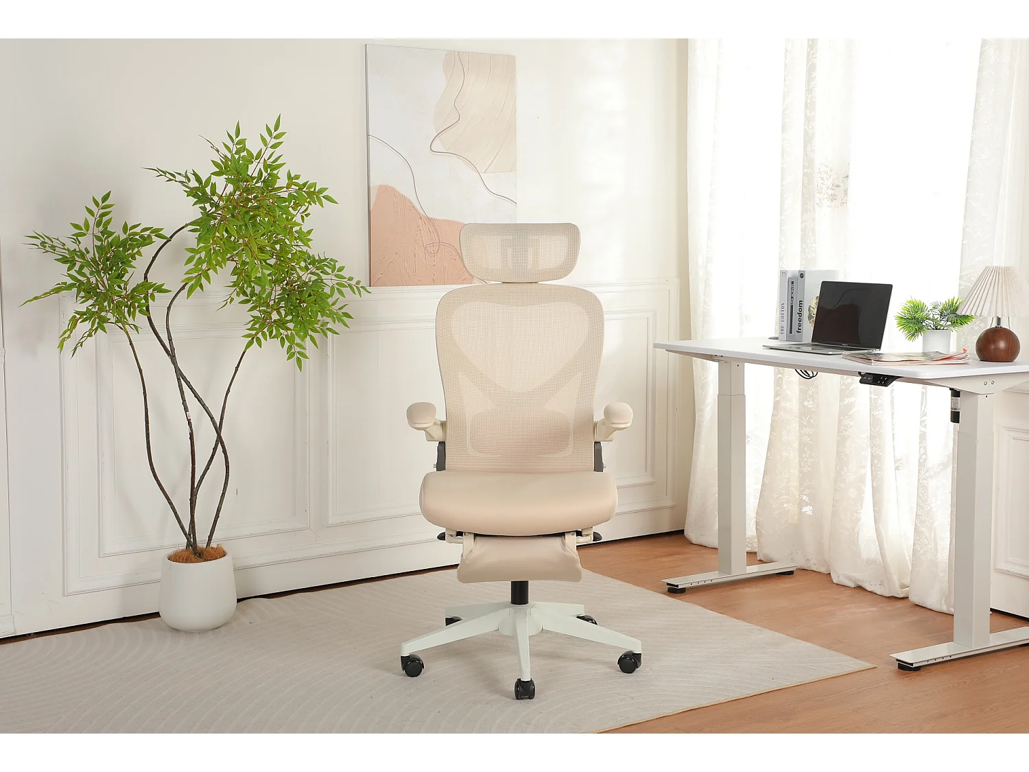 Chaise de bureau pliable avec appui-tête 3D et dossier réglable - Crème