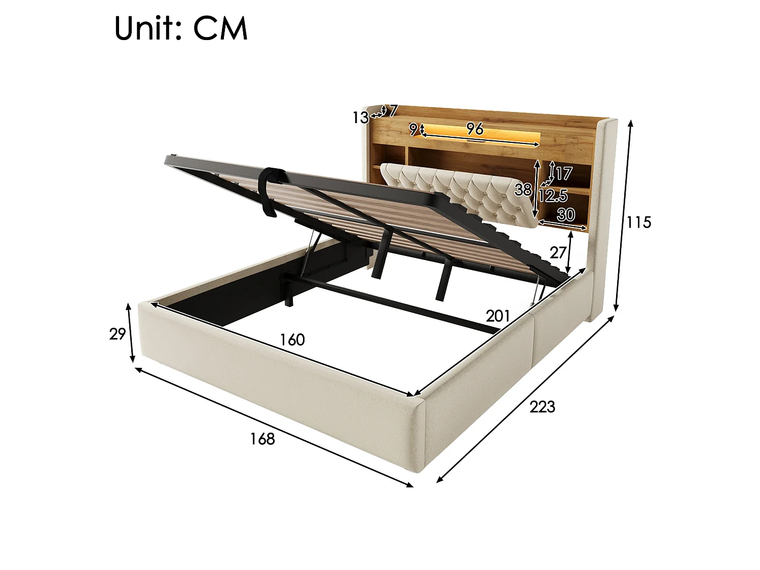 Vuxensäng med förvaring 160x200 cm beige linne - Huvudgavel med förvaring, LED och USB/Type-C