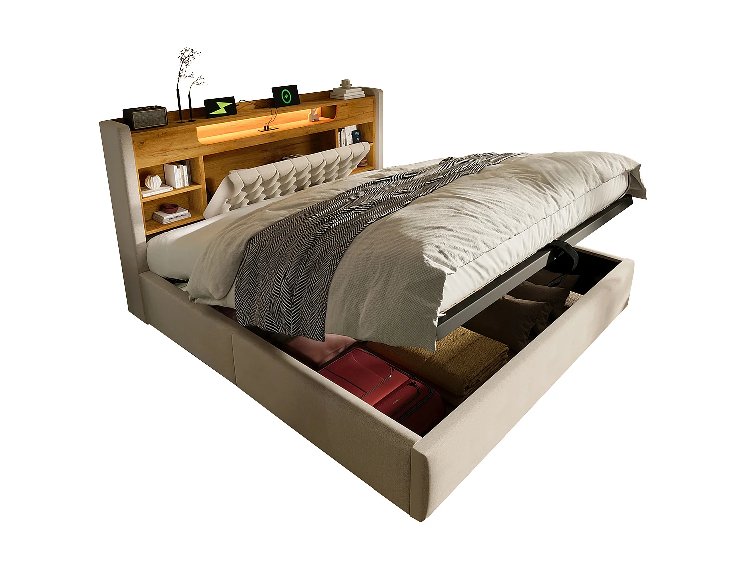 Vuxensäng med förvaring 160x200 cm beige linne - Huvudgavel med förvaring, LED och USB/Type-C
