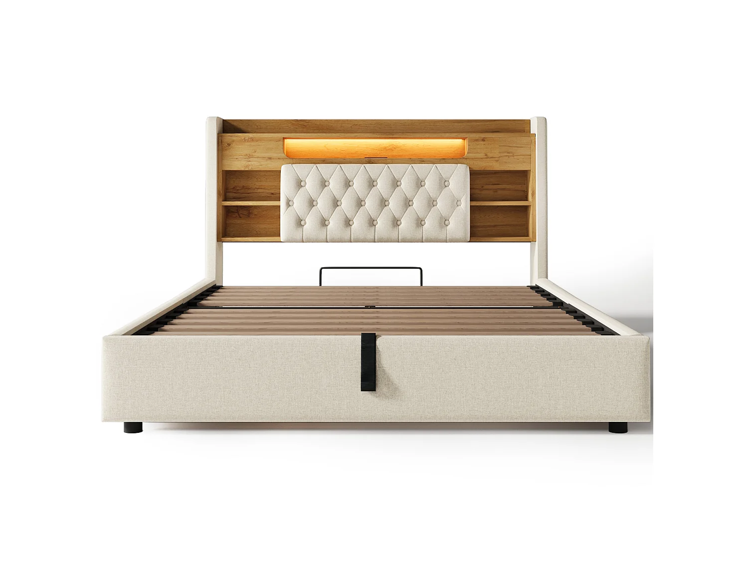 Vuxensäng med förvaring 160x200 cm beige linne - Huvudgavel med förvaring, LED och USB/Type-C