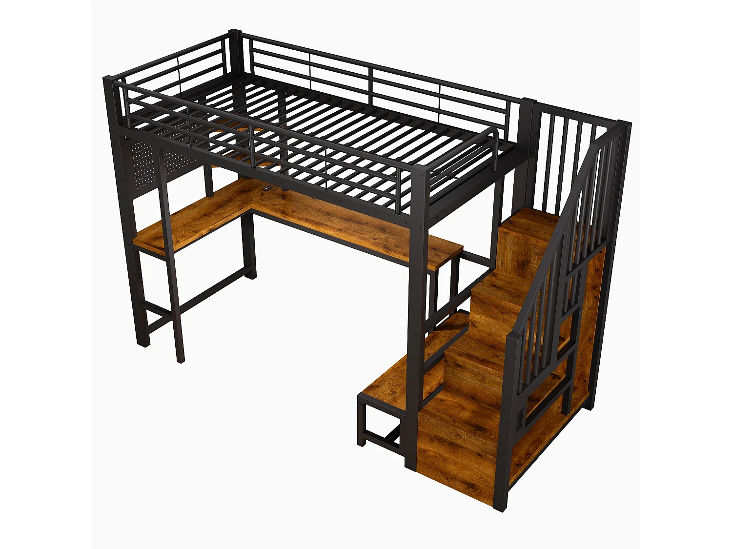 Hochbett 90 x 200 cm - mit Tisch - mit USB + USB-C-Anschlüssen - mit LED-Beleuchtung - schwarz (Matratze nicht enthalten)