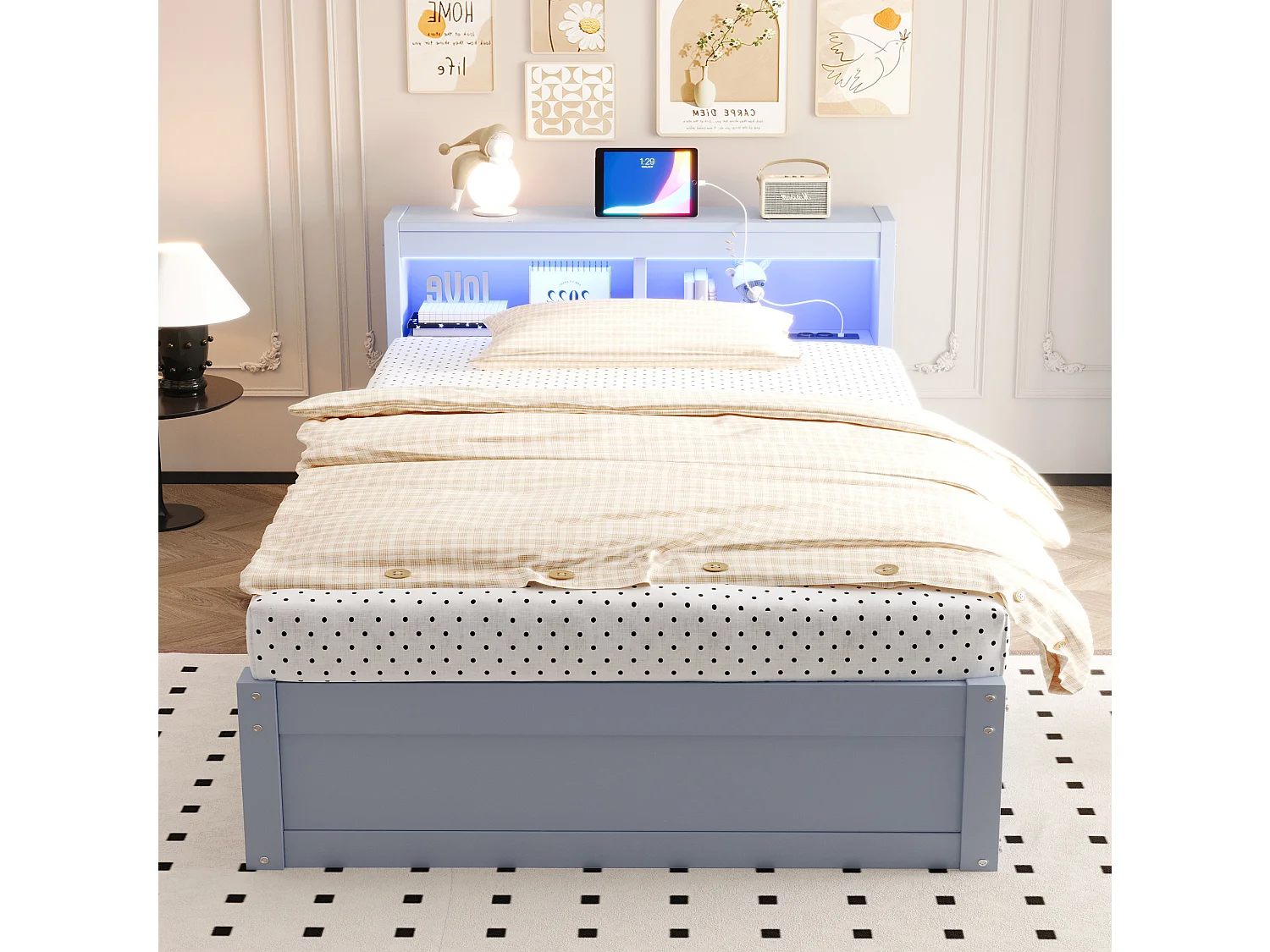 Kinderbed met opbergruimte 90x200 cm met stopcontact, ledverlichting en opbergruimte - Grijs MDF-hout